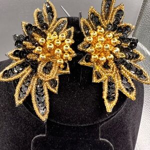 Vintage Style Black & Gold Beaded Leather Floral Earrings-Statement Dangle